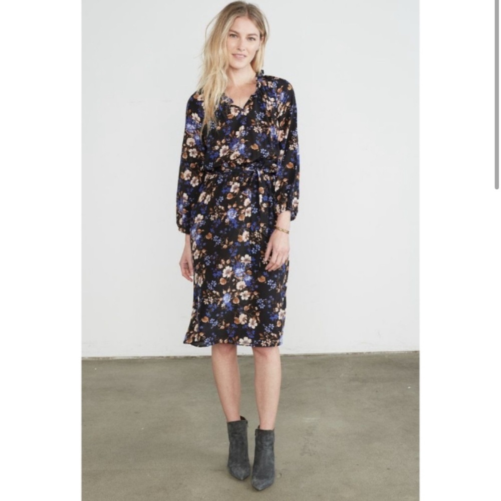 Amour Vert Silk Virginia Floral Midi Dress Long Sleeve Size Small